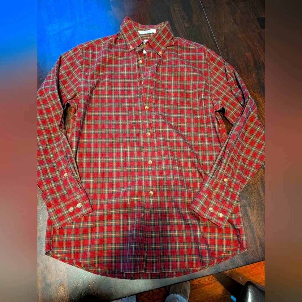 LL Bean Mens Small Fall Colors Button Down Shirt, Traditional Fit, Red/Green/Bro